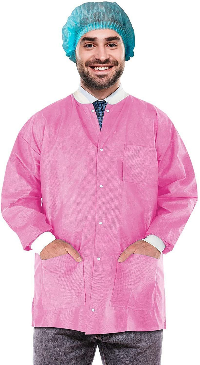 Disposable Lab Jackets; 31" Long. Pack of 100 Pink Hip Length Work Gowns Large. SMS 50 gsm Shirts w