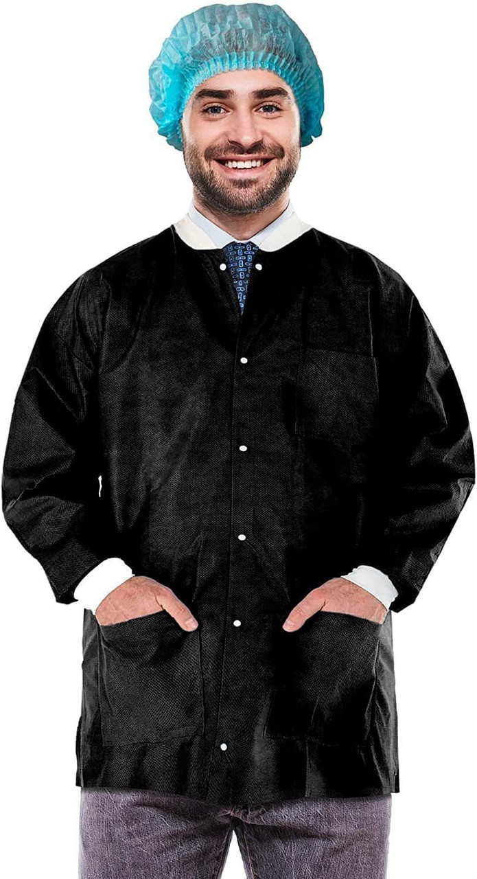 Disposable Lab Jackets; 32" Long. Pack of 10 Black Hip-Length Work Gowns X-Large. SMS 50 gsm Shirts
