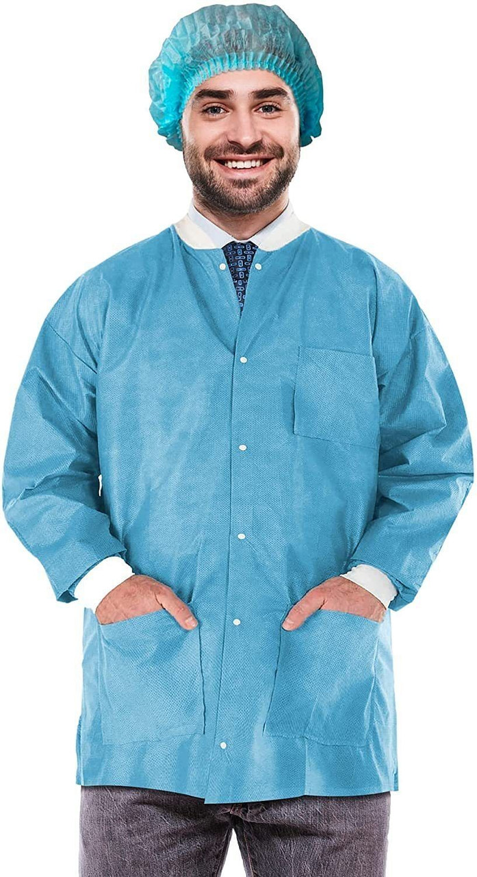 Disposable Lab Jackets; 30" Long. Pack of 100 Blue Hip-Length Work Gowns Medium. SMS 50 gsm Shirts 