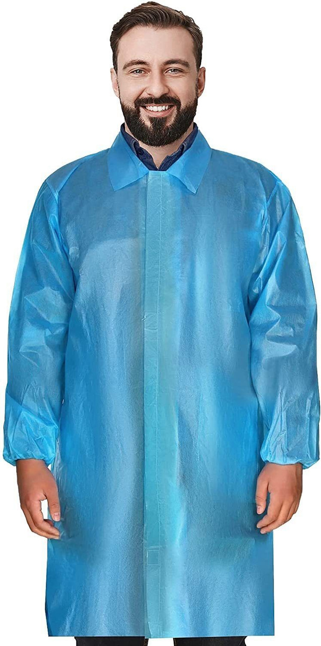 Disposable Lab Coats. Pack of 40 Blue Waterproof PE + PP 40 gsm Work Gowns X-Large; 41" Long. Prote