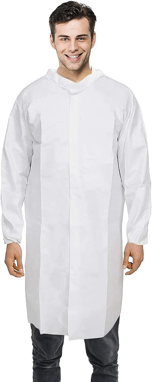 White Disposable Lab Coats. Pack of 60 Unisex Lab Coats Medium. Blend of Polyethylene and Polypropy