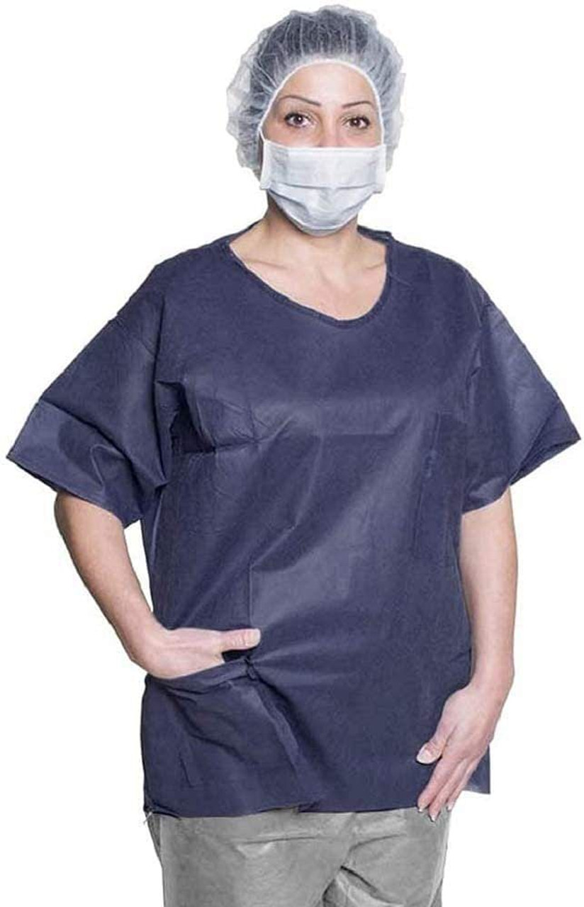 Disposable Polypropylene Shirts. Pack of 10 Disposable Scrubs XX-Large. Dark Blue Unisex Shirts wit
