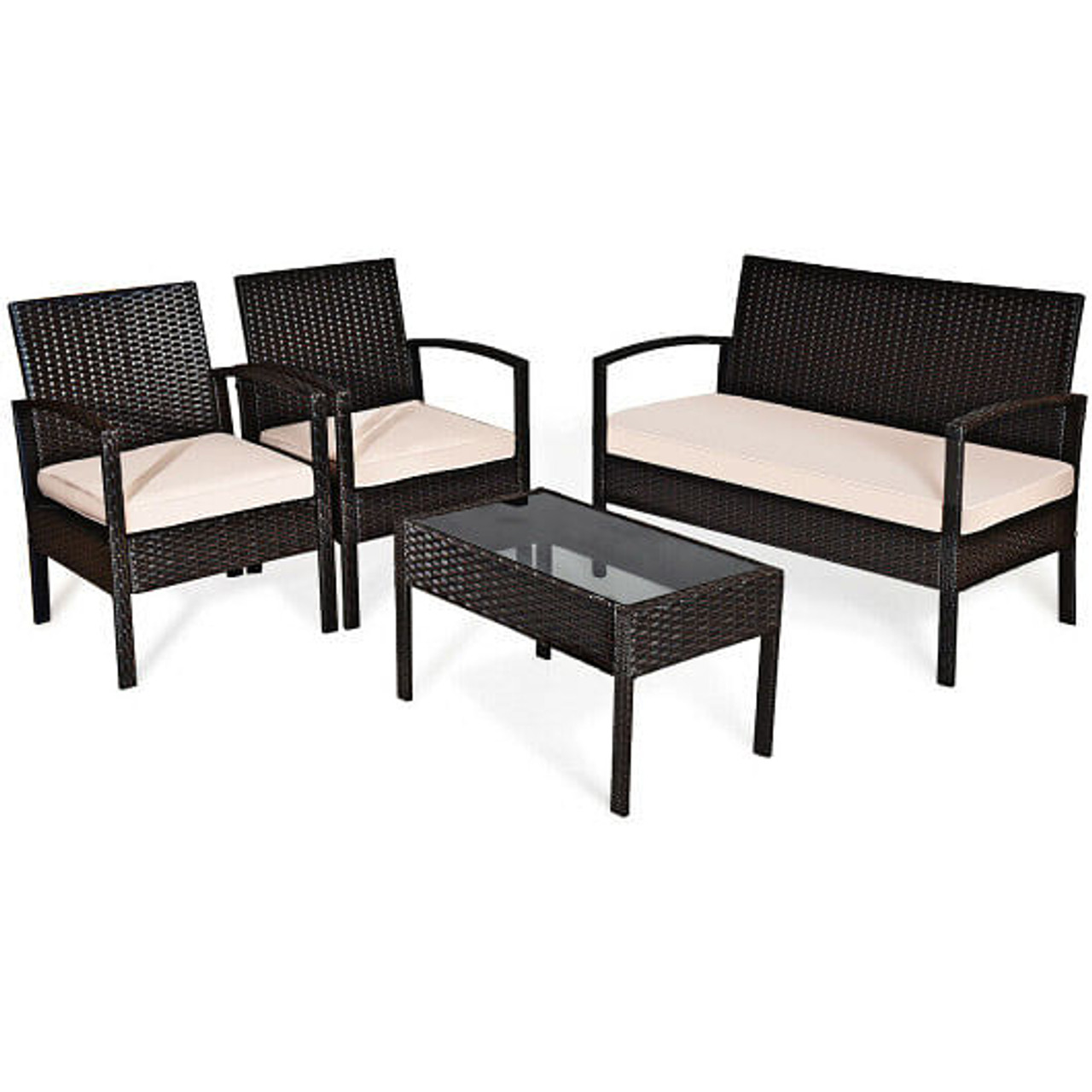 4 Pieces Patio Ratten Conversation Set with Loveseat Sofas and Coffee Table