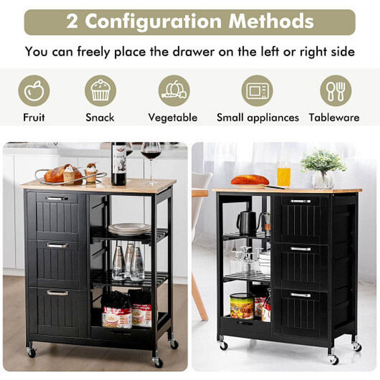 Rolling Kitchen Island Utility Storage Cart with 3 Large Drawers-Black