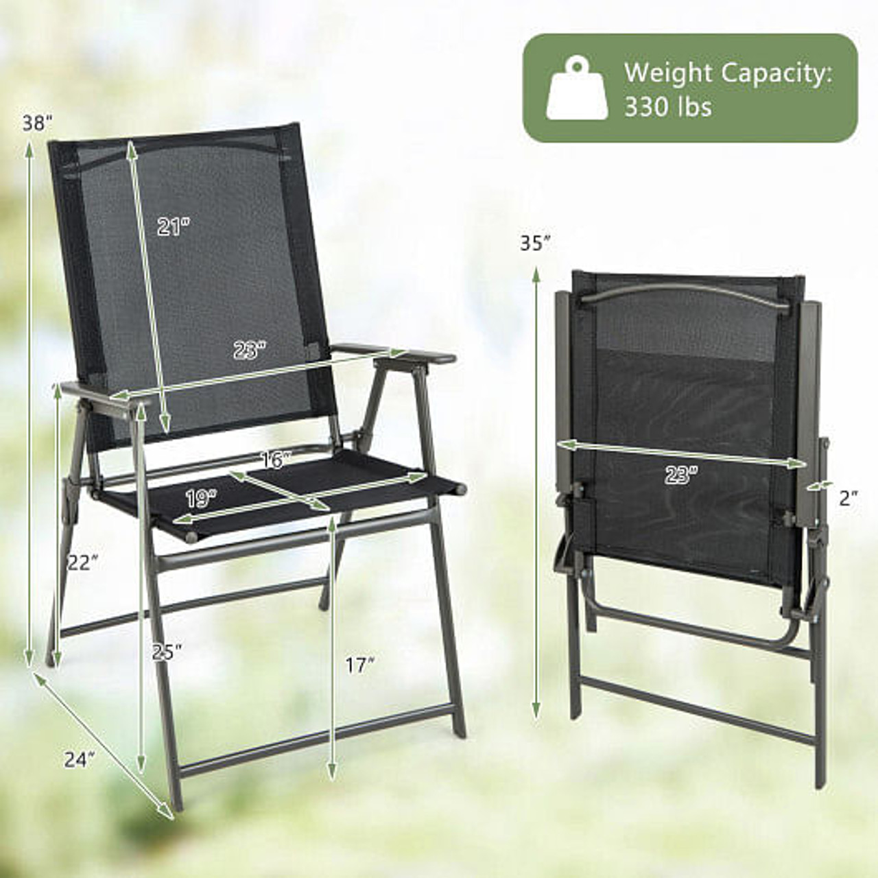 2 Pieces Patio Folding Chairs with Armrests for Deck Garden Yard-Black & Gray