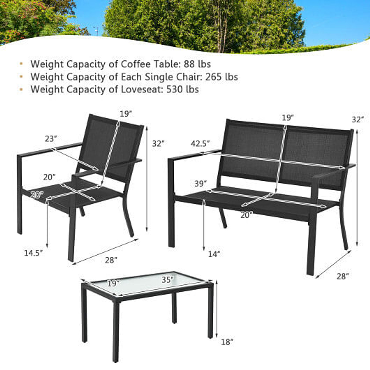 4 PCS Patio Furniture Set Sofa Coffee Table Steel Frame Garden-Gray