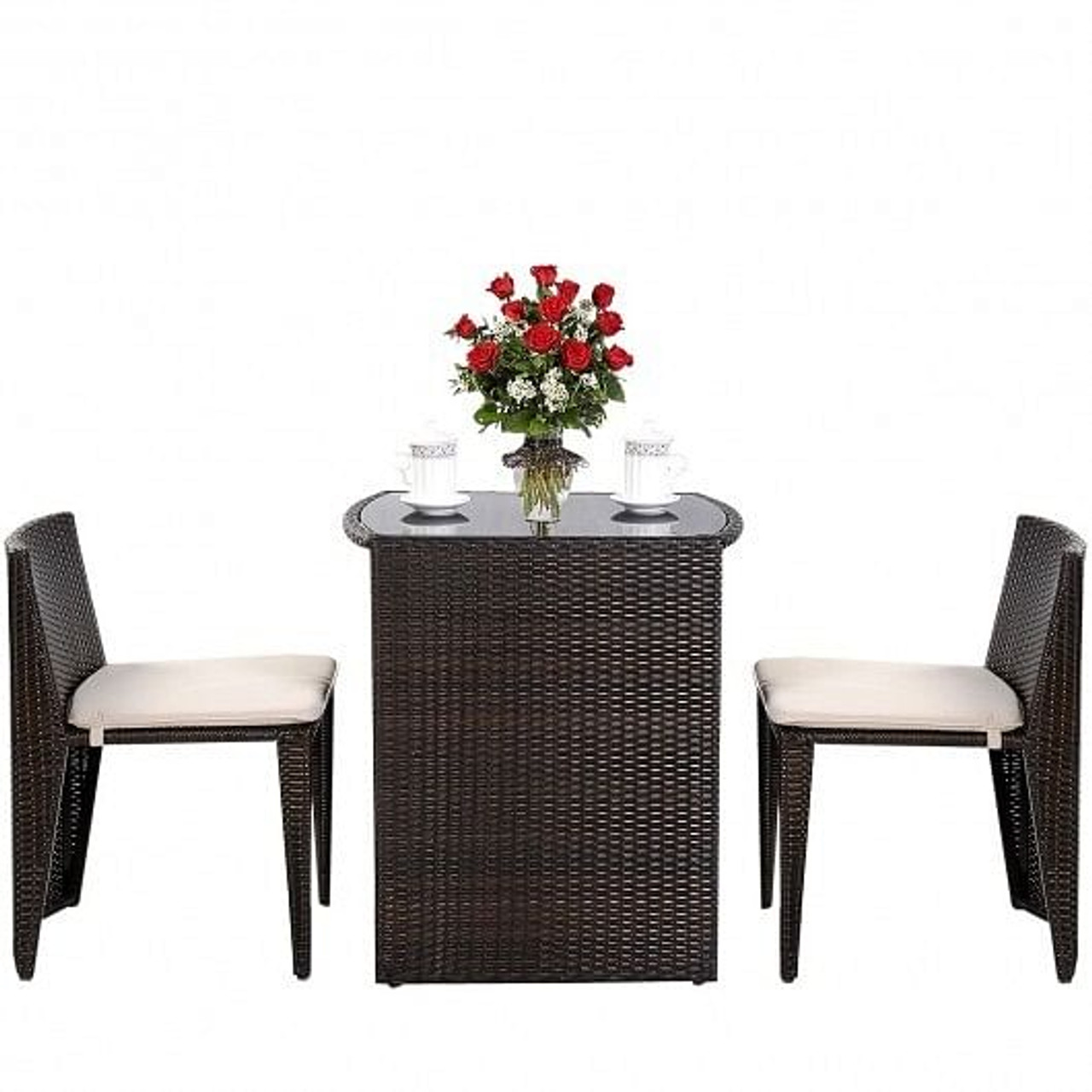 3 Pieces Cushioned Wicker Patio Bistro Set with No Assembly Needed