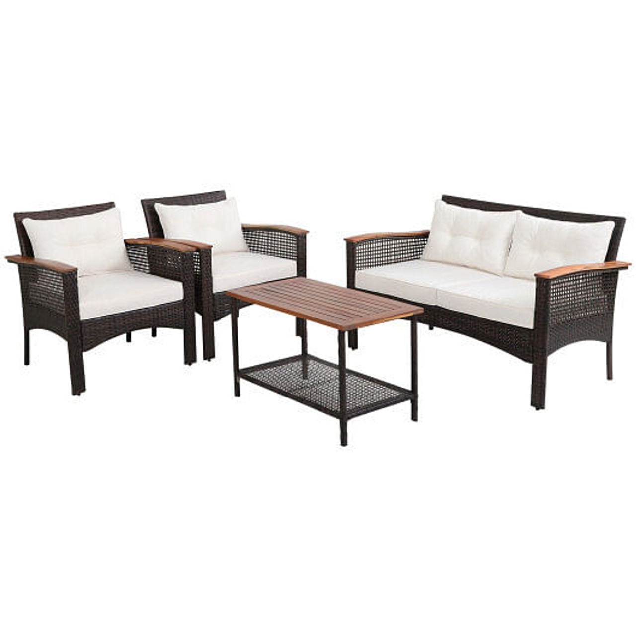 4 Pieces Patio Rattan Acacia Wood Furniture Set with Cushions and Armrest