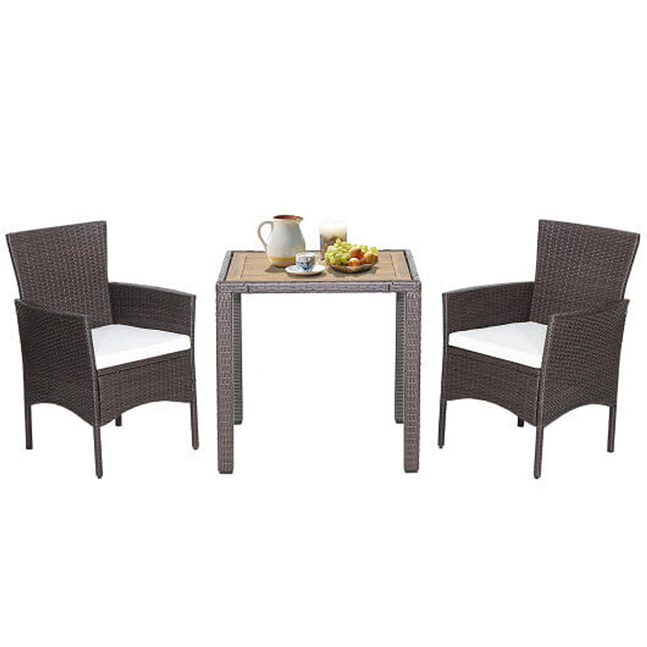 3 Pieces Patio Wicker Furniture Set wih Acacia Wood Table Top and Chair Cushiones