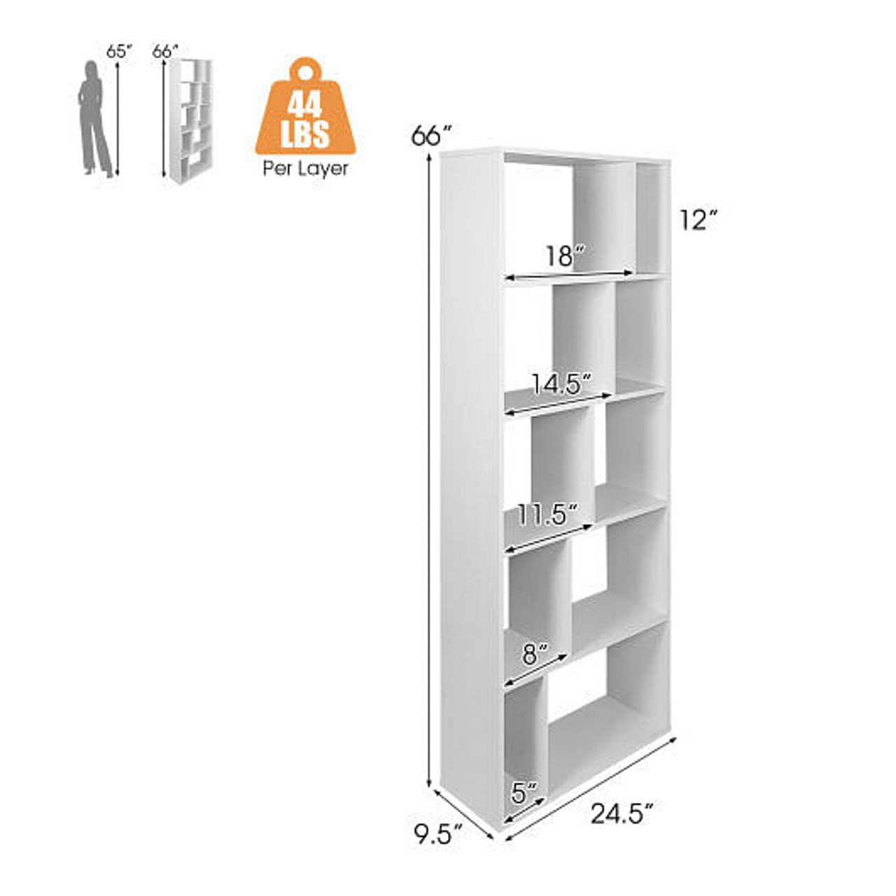 66 Inch Tall 5 Tiers Wood Bookshelf with 10 Open Compartments-White