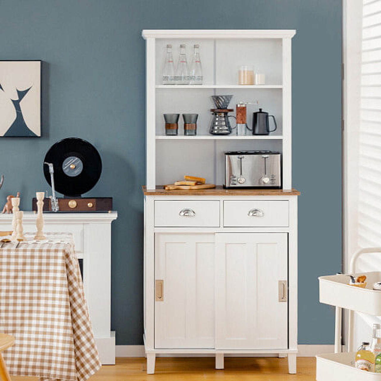 Freestanding Kitchen Pantry with Hutch Sliding Door and Drawer-White