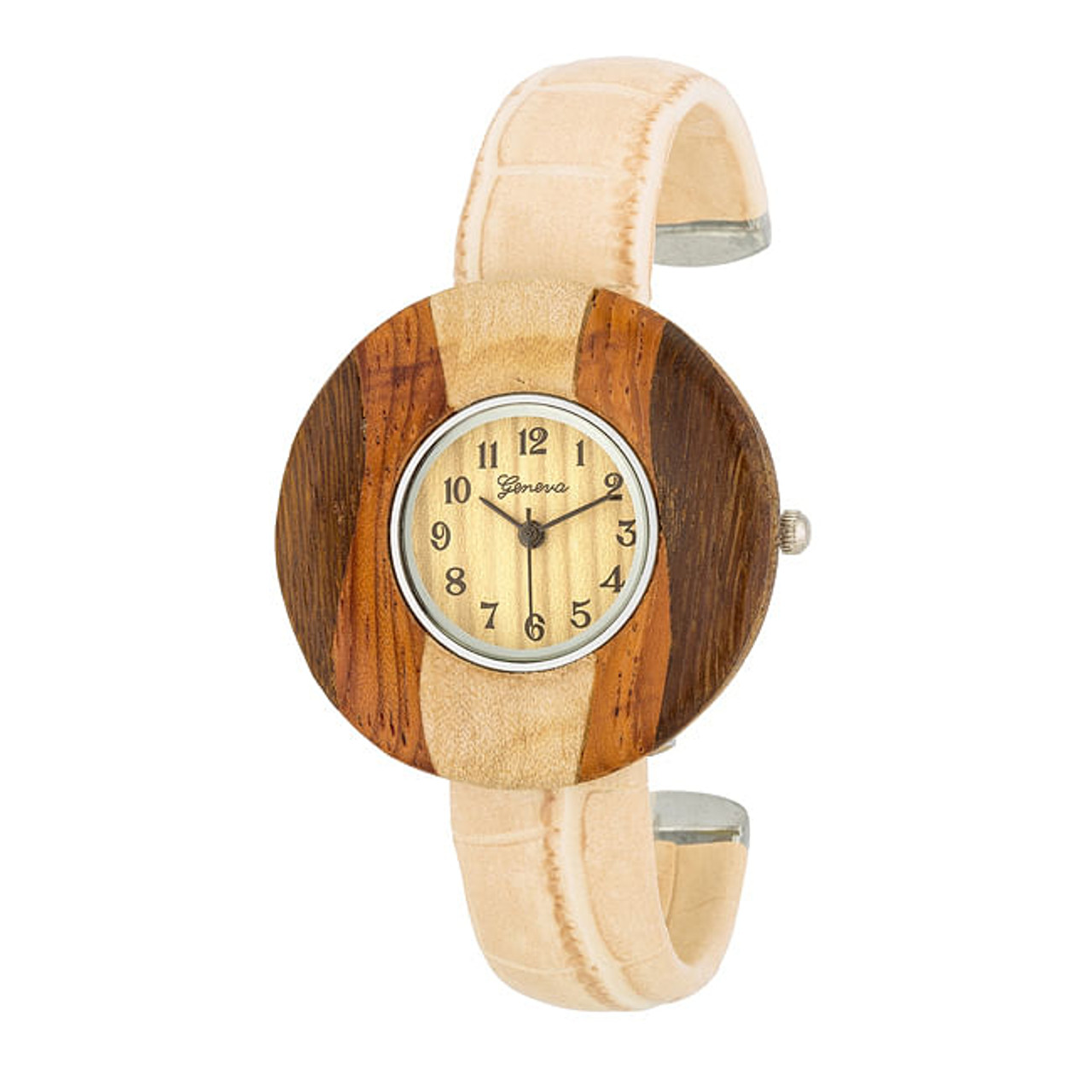 Brenna Beige Wood Inspired Leather Cuff Watch