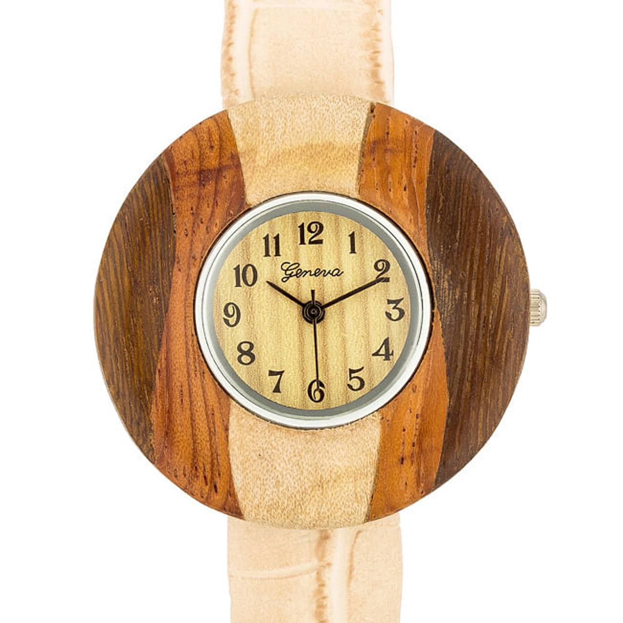 Brenna Beige Wood Inspired Leather Cuff Watch