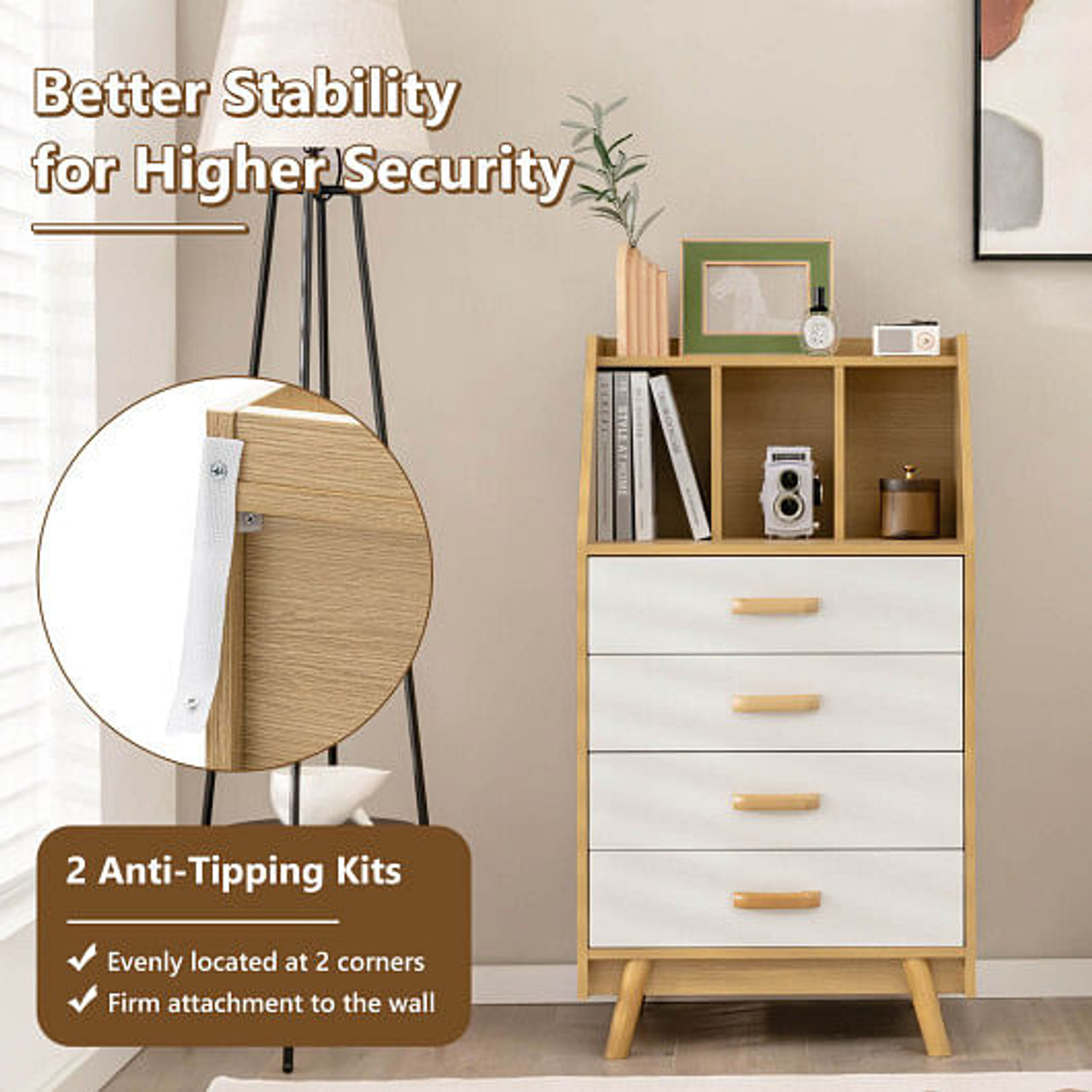 4-Drawer Dresser with 2 Anti-Tipping Kits for Bedroom-Natural