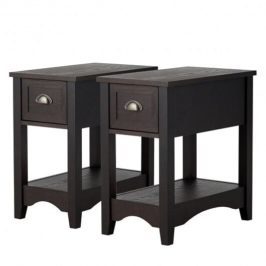 Set of 2 Contemporary Side End Table with Drawer-Walnut