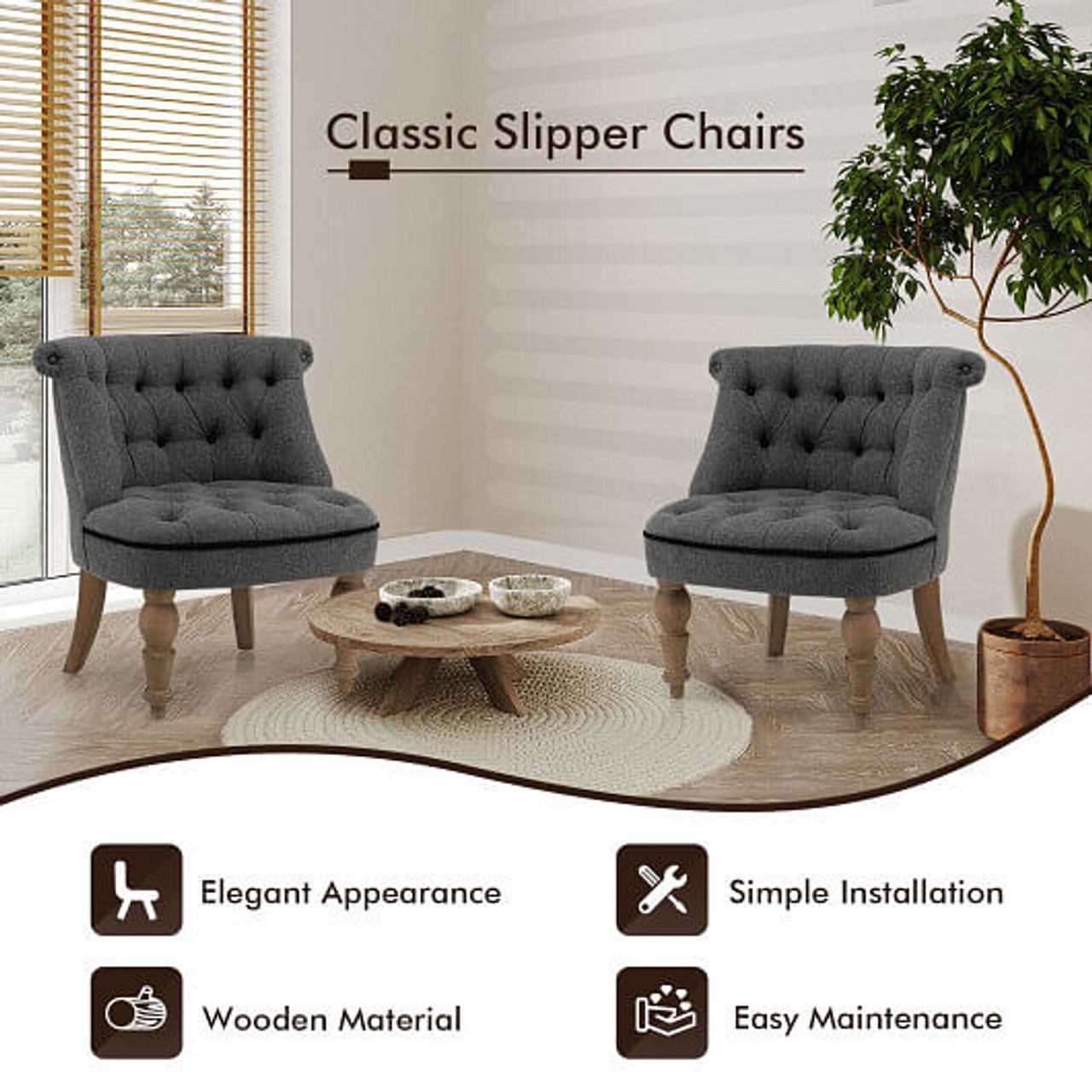 Set of 2 Upholstered Armless Slipper Chairs with Beech Wood Legs-Gray
