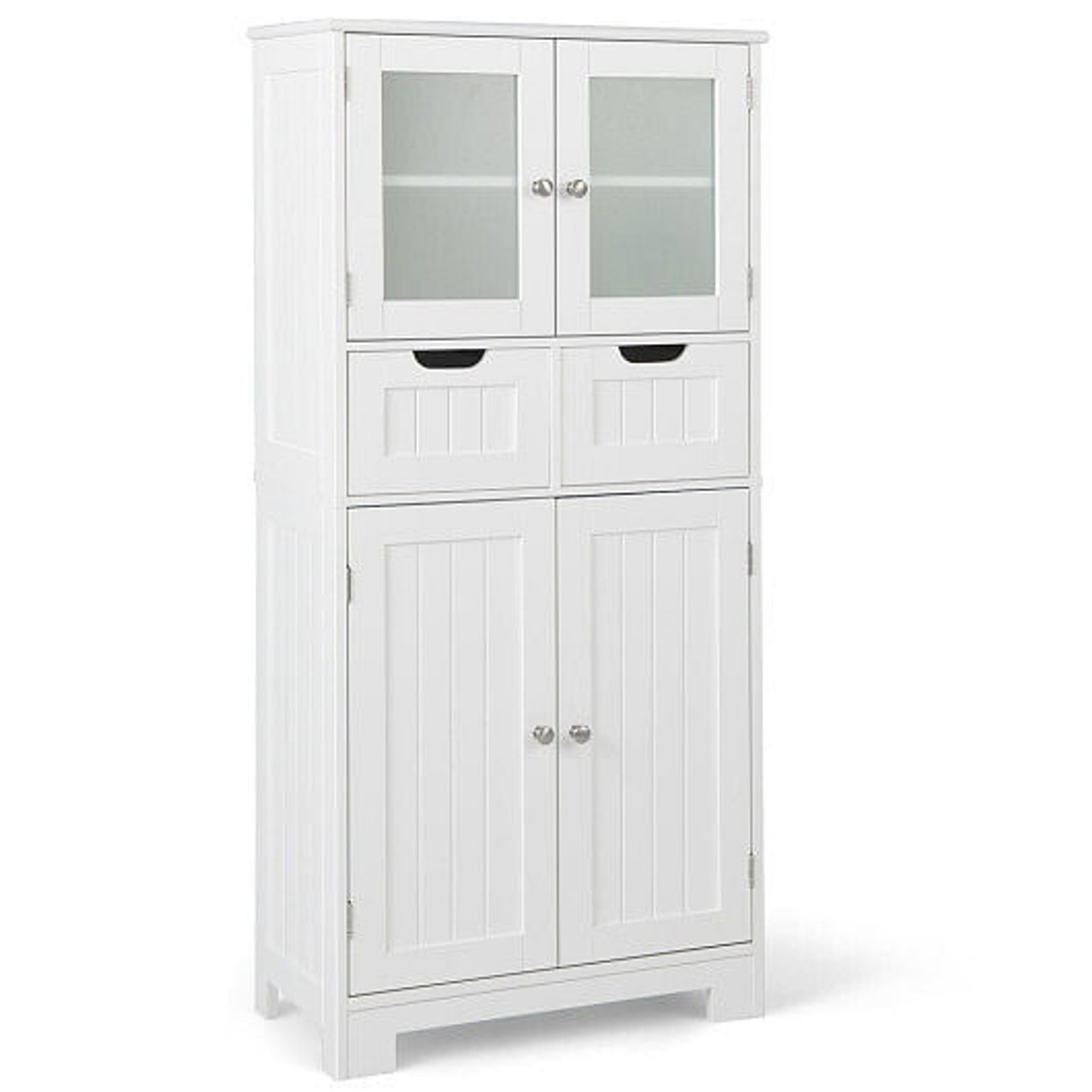 4 Door Freee-Standing Bathroom Cabinet with 2 Drawers and Glass Doors-Gray