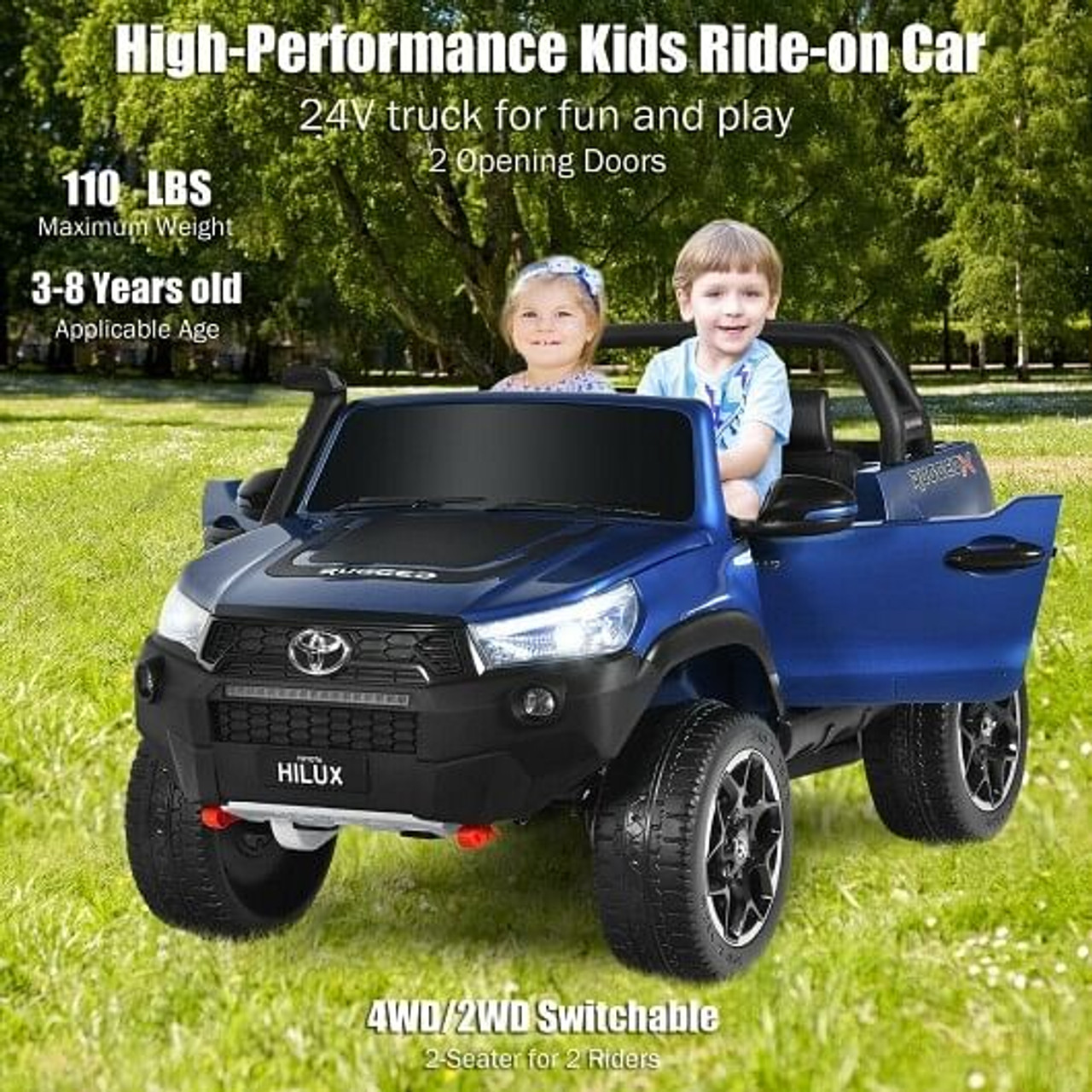 2*12V Licensed Toyota Hilux Ride On Truck Car 2-Seater 4WD with Remote Painted Black