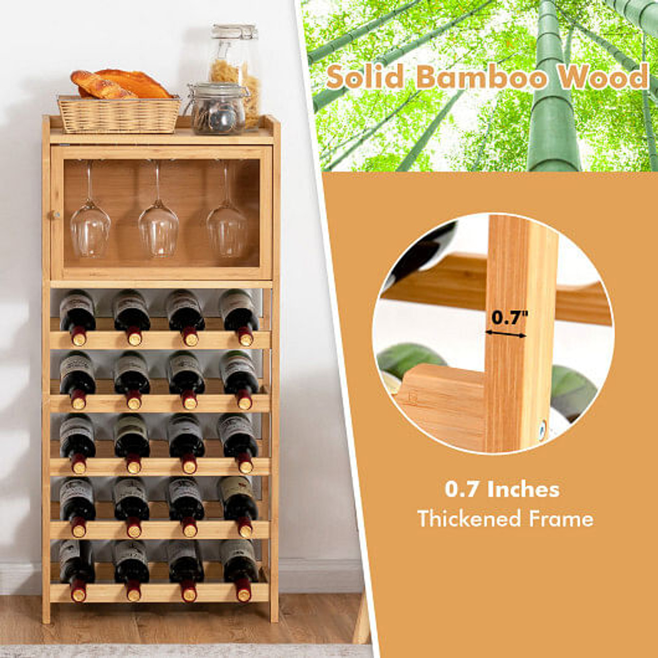 20-Bottle Freestanding Bamboo Wine Rack Cabinet with Display Shelf and Glass Hanger-Natural