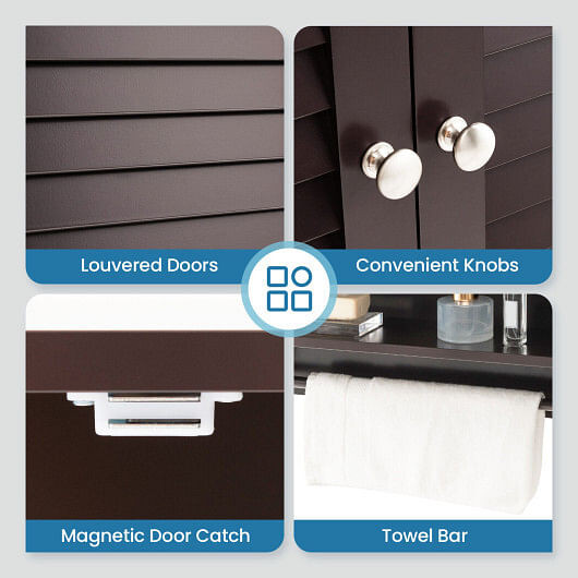 2-Doors Bathroom Wall-Mounted Medicine Cabinet with Towel Bar-Brown