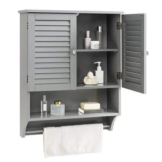 2-Doors Bathroom Wall-Mounted Medicine Cabinet with Towel Bar-Brown