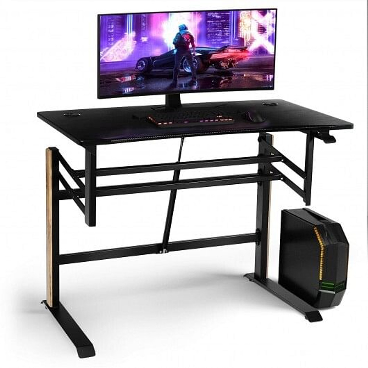 Pneumatic Height Adjustable Gaming Desk T Shaped Game Station with Power Strip Tray-Black
