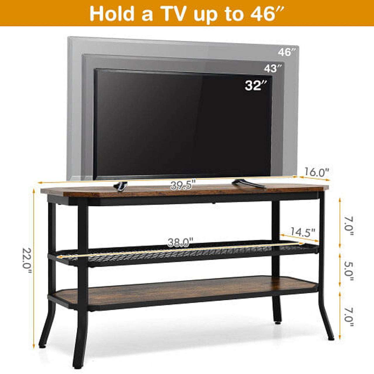 3-tier Console Table TV Stand with Mesh Storage Shelf-Rustic Brown