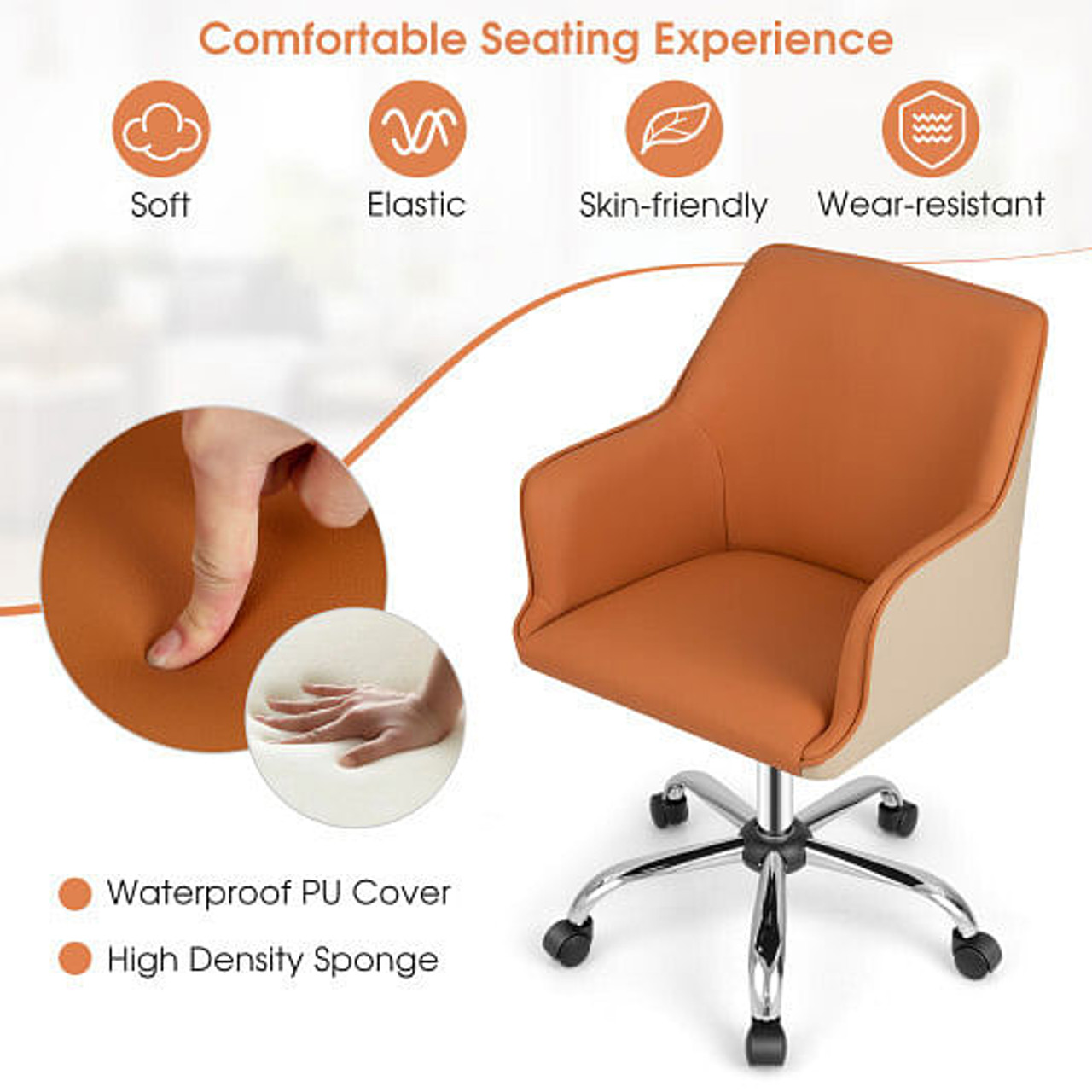 PU Covered Office Chair with Adjustable Height and Sponge Padded Cushion-Brown