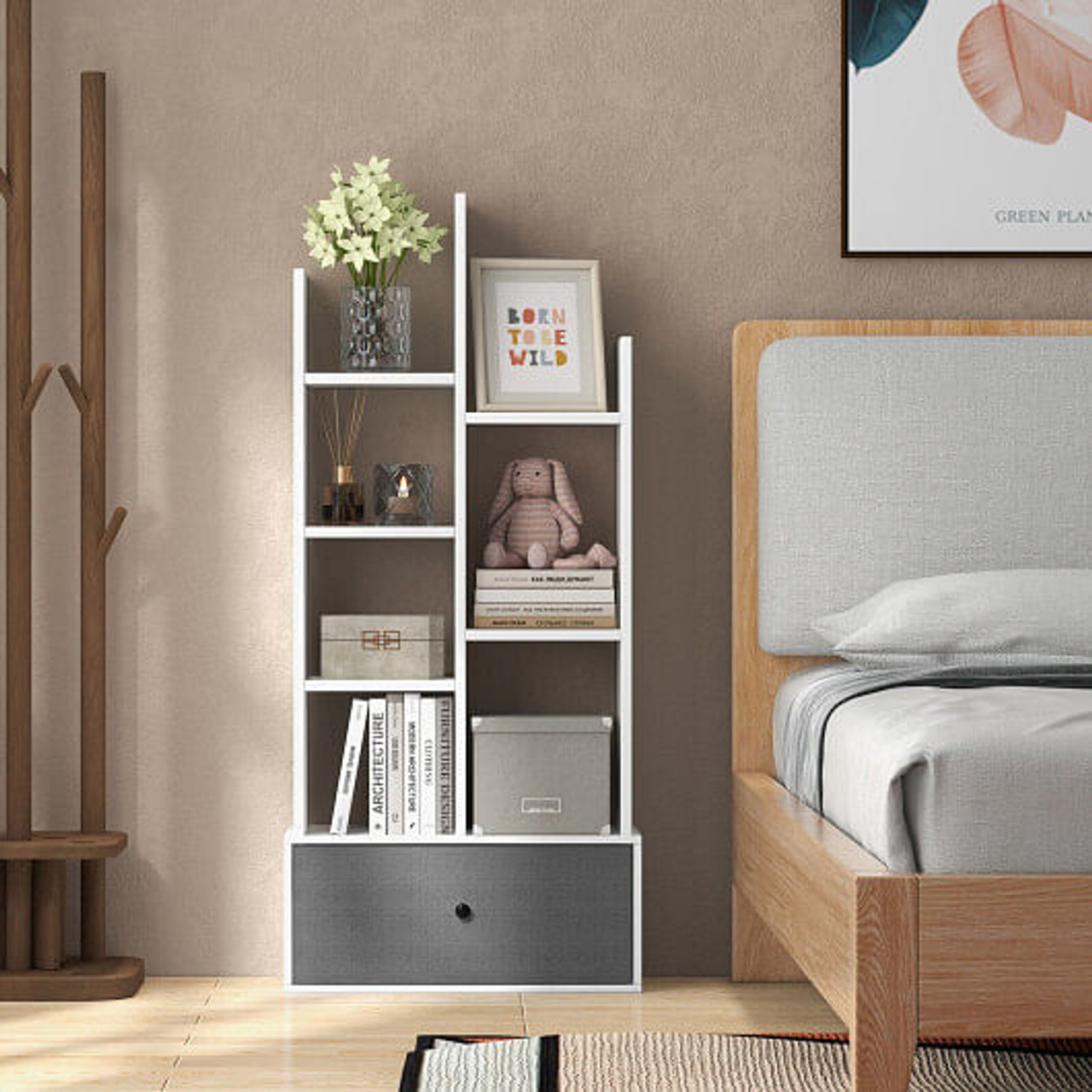 7-Tier Open-Back Bookshelf with Drawer-White