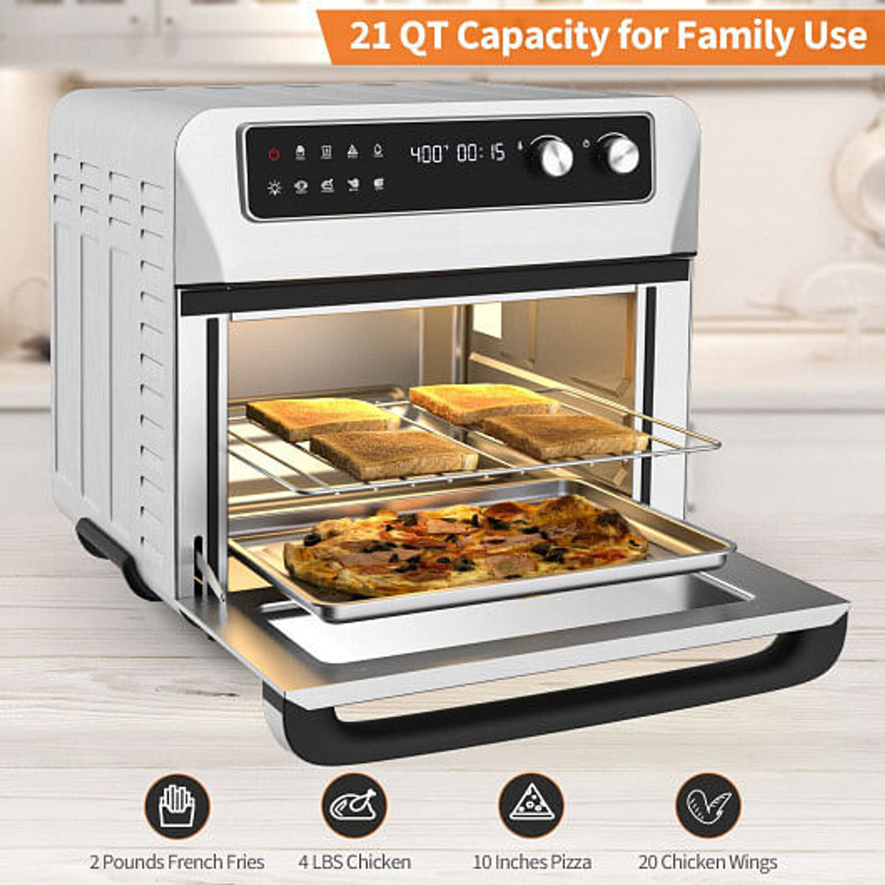 8-in-1  Convection Air Fryer Toaster Oven with 5 Accessories and Recipe-Silver