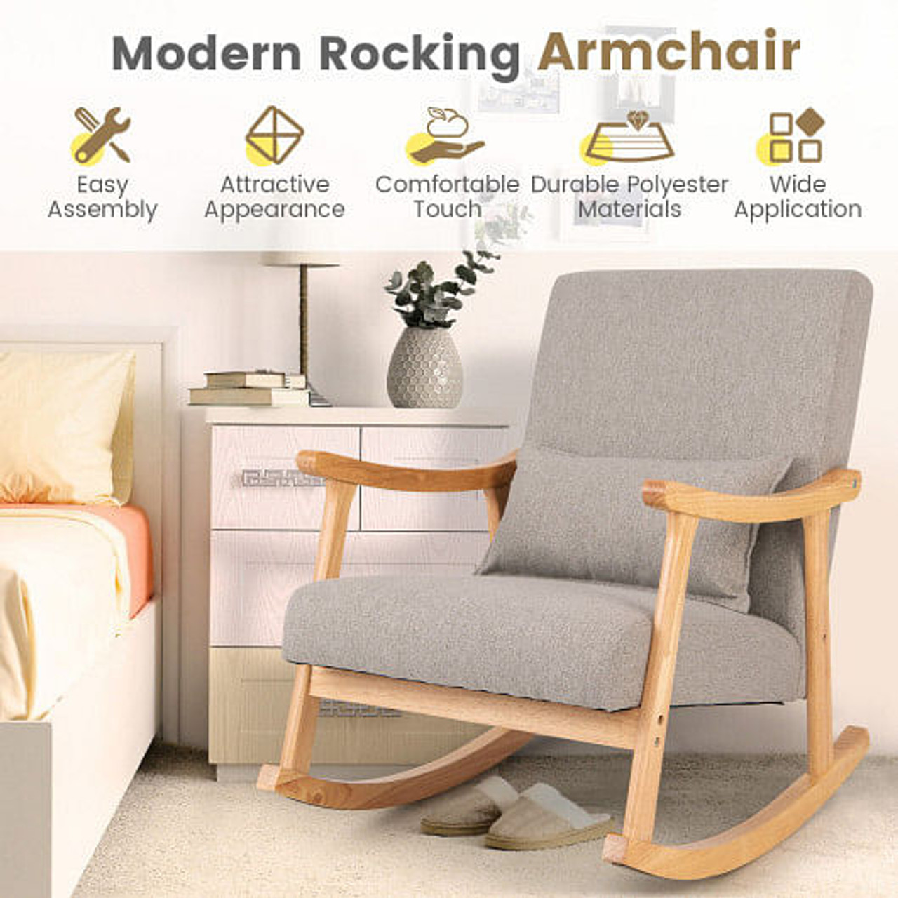 Upholstered Rocking Chair with Pillow and Rubber Wood Frame-Gray