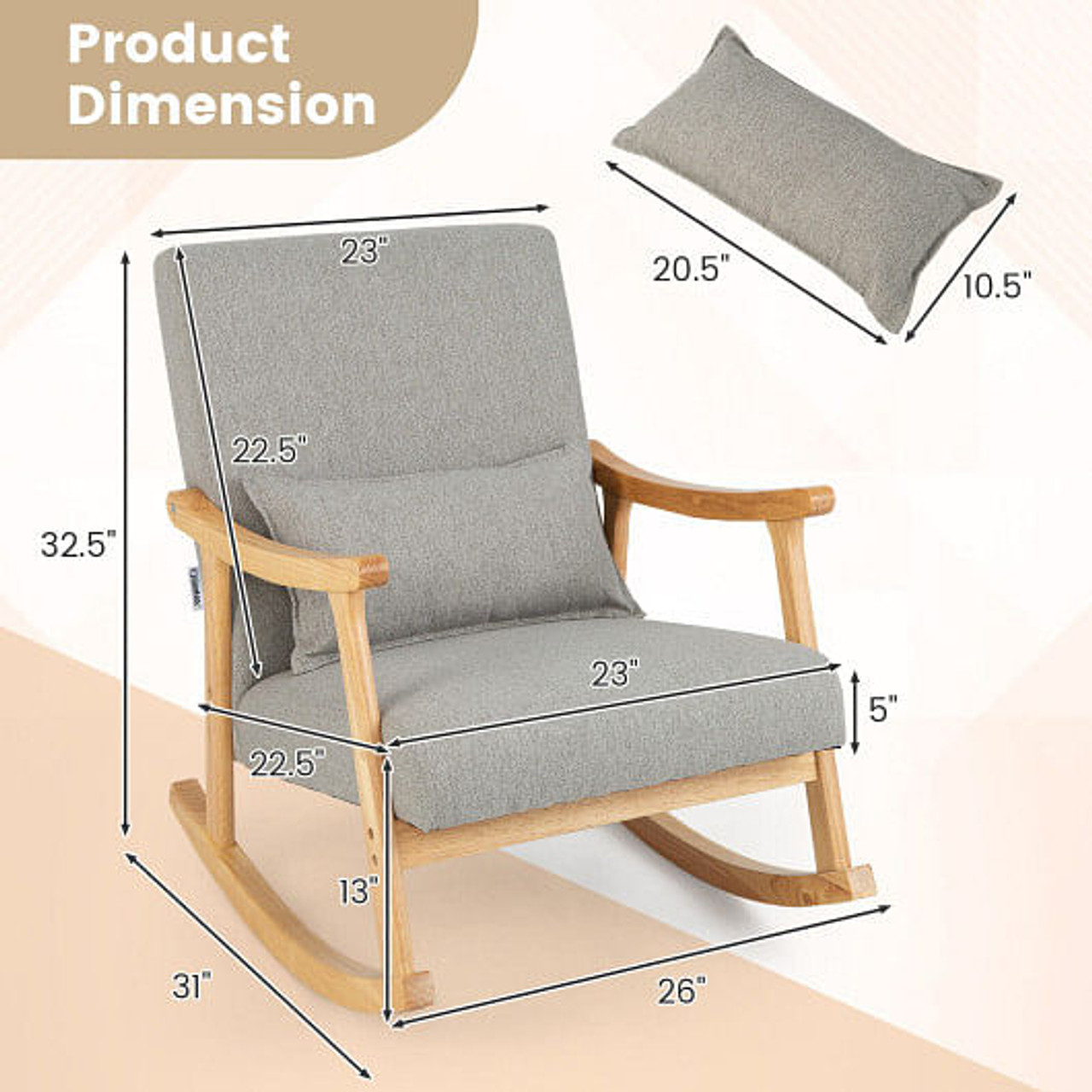 Upholstered Rocking Chair with Pillow and Rubber Wood Frame-Gray