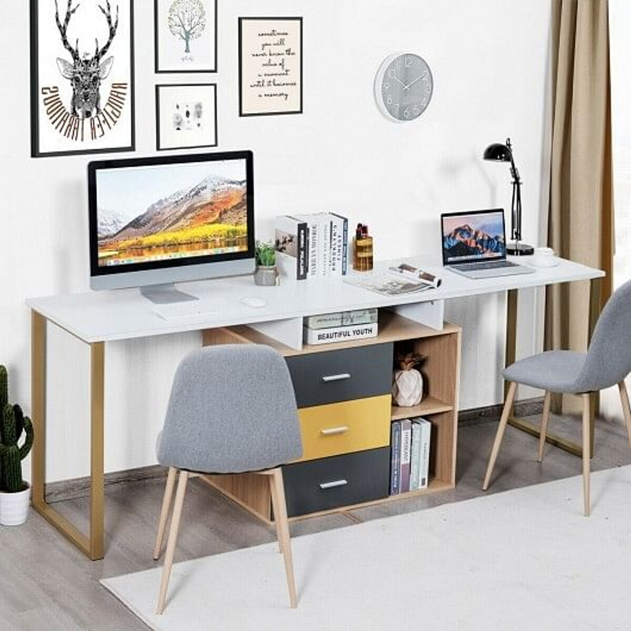 87 Inch 2 Person Adjustable L-Shaped Computer Desk