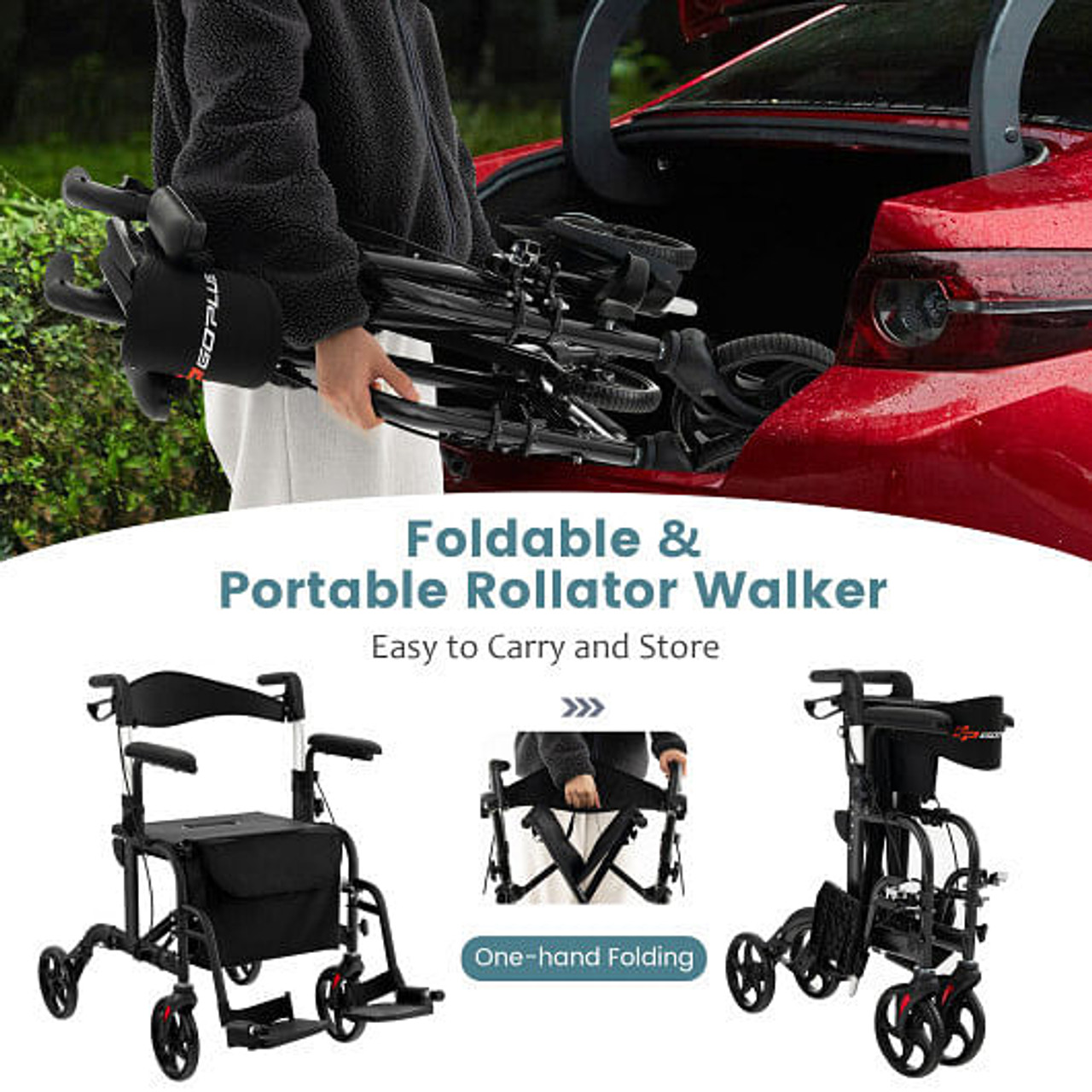 Folding Rollator Walker with Seat and Wheels Supports up to 300 lbs-Black