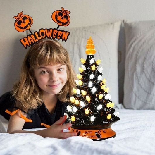 15 Inch PreLit Ceramic HandPainted Tabletop Halloween Tree SMITH DISTRIBUTORS