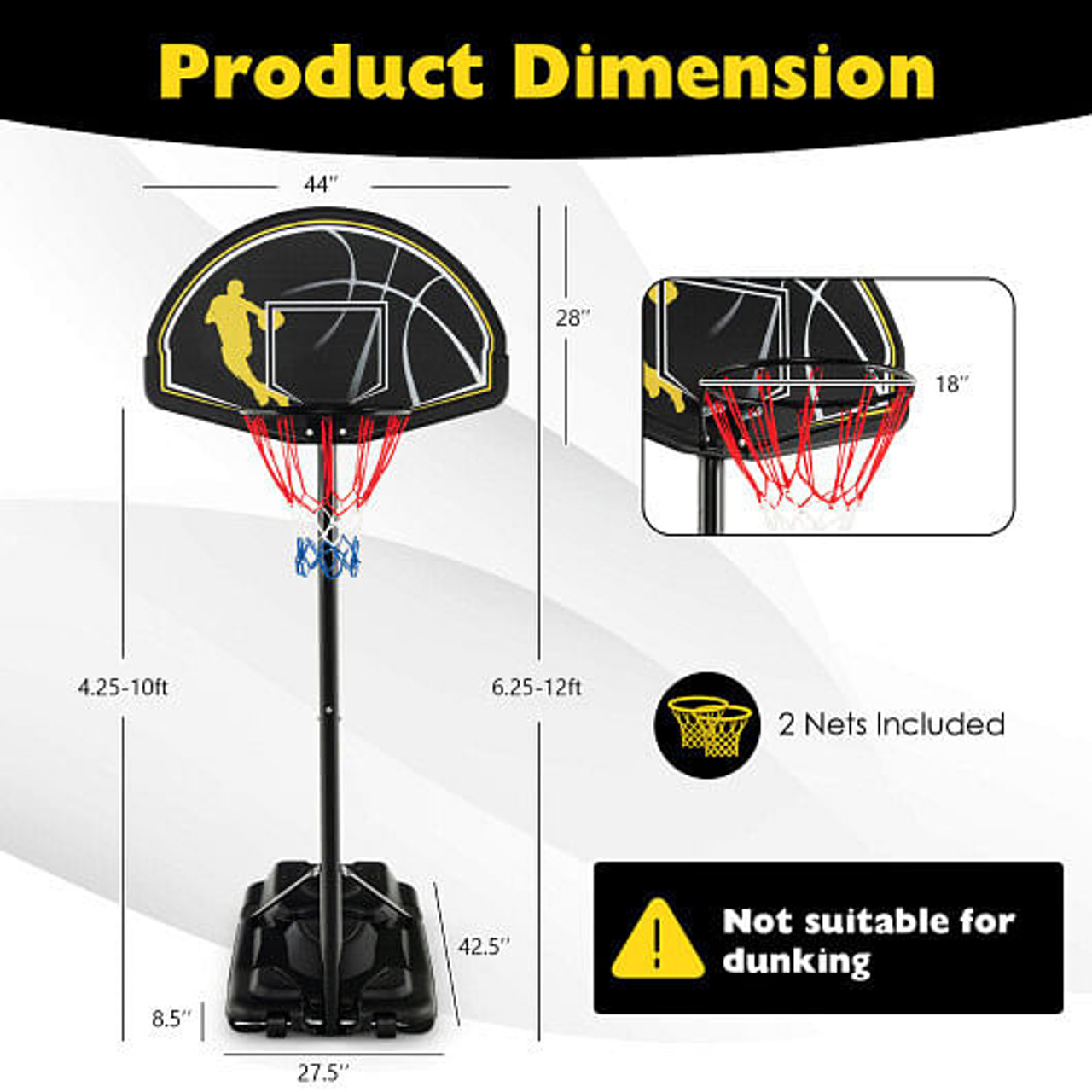 4.25-10 Ft Portable Adjustable Basketball Goal Hoop System