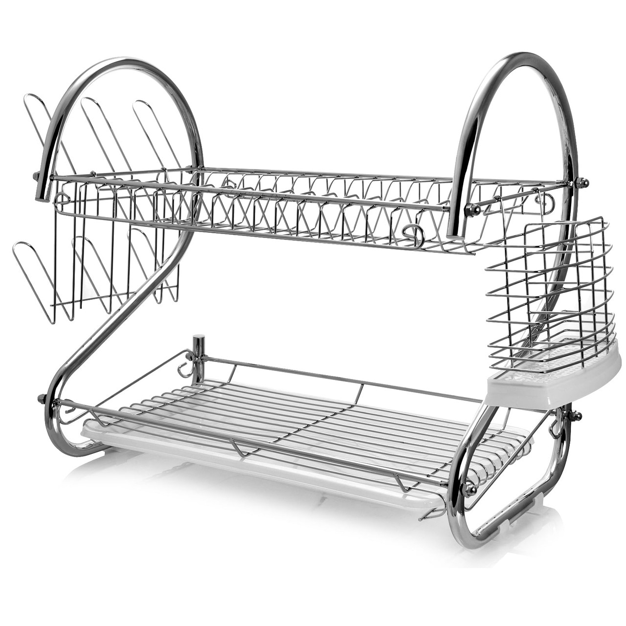 MegaChef 16 Inch Two Shelf Dish Rack with Easily Removable Draining Tray, 6 Cup Hangers and Removab