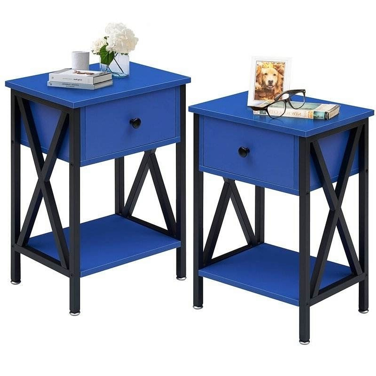 Set of 2 - 1 Drawer Nightstand in Dark Blue and Black