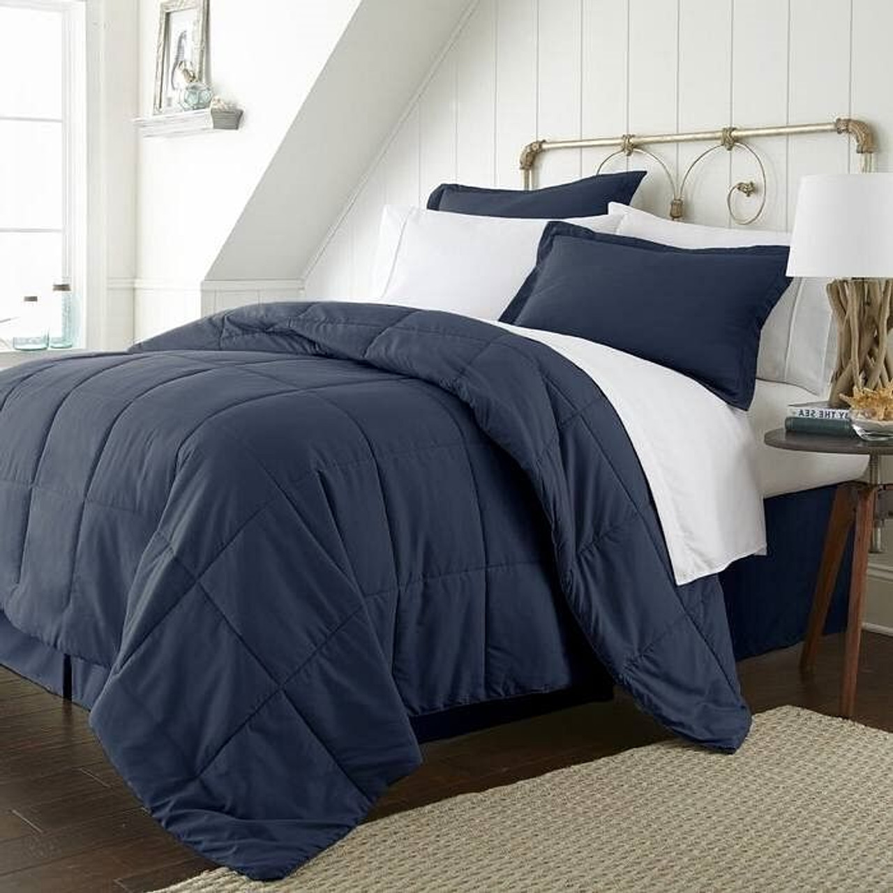 Twin Microfiber Baffle-Box 6-Piece Reversible Bed-in-a-Bag Comforter Set - Navy Twin Microfiber Baffle-Box 6-Piece Reversible Bed-in-a-Bag Comforter Set - Navy