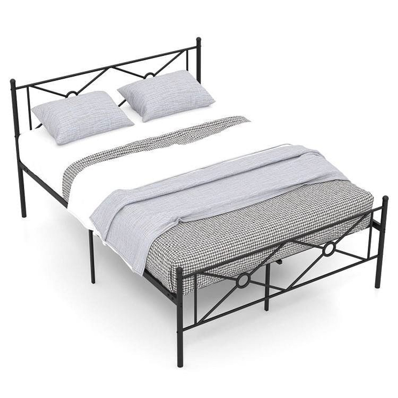 Queen Size Modern Black Metal Headboard & Footboard Platform Bed Frame