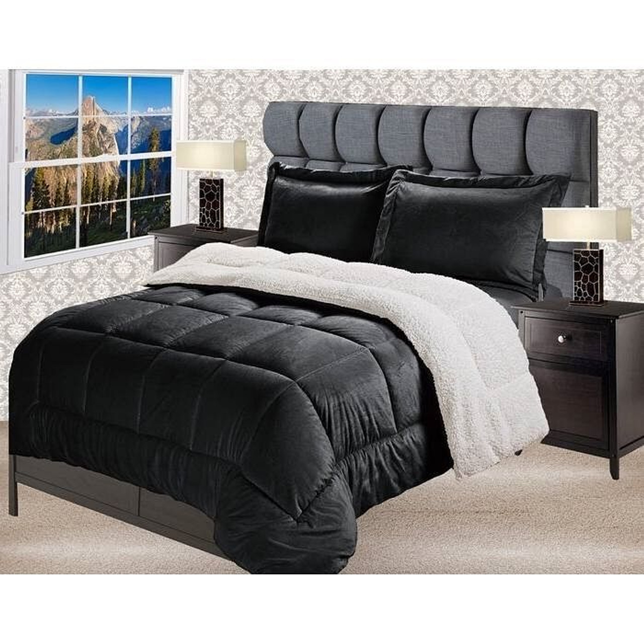 Queen Size 3 Piece Ultra Soft Sherpa Wrinkle Resistant Comforter Set in Black