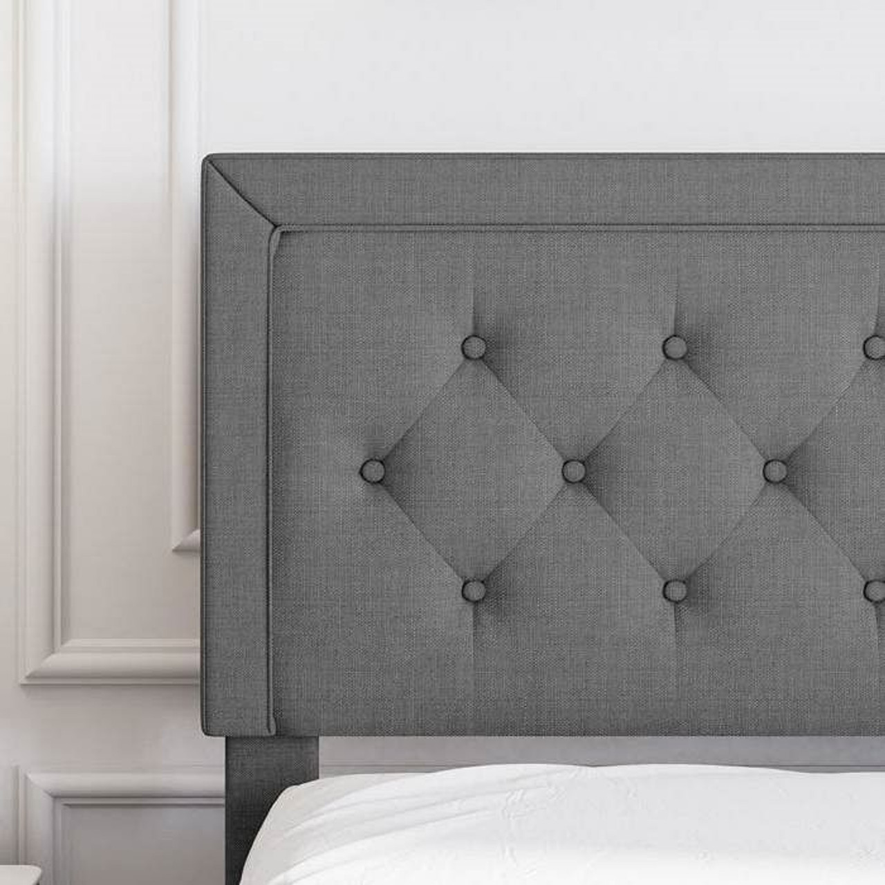 King Size Dark Grey Linen Upholstered Platform Bed with Button-Tufted Headboard