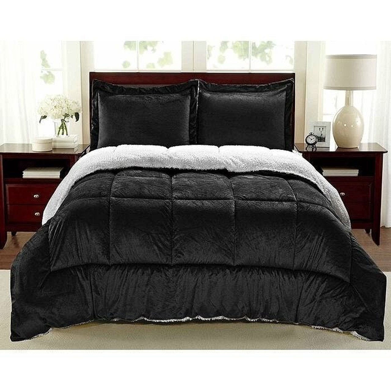 Twin Size 2 Piece Ultra Soft Sherpa Wrinkle Resistant Comforter Set in Black