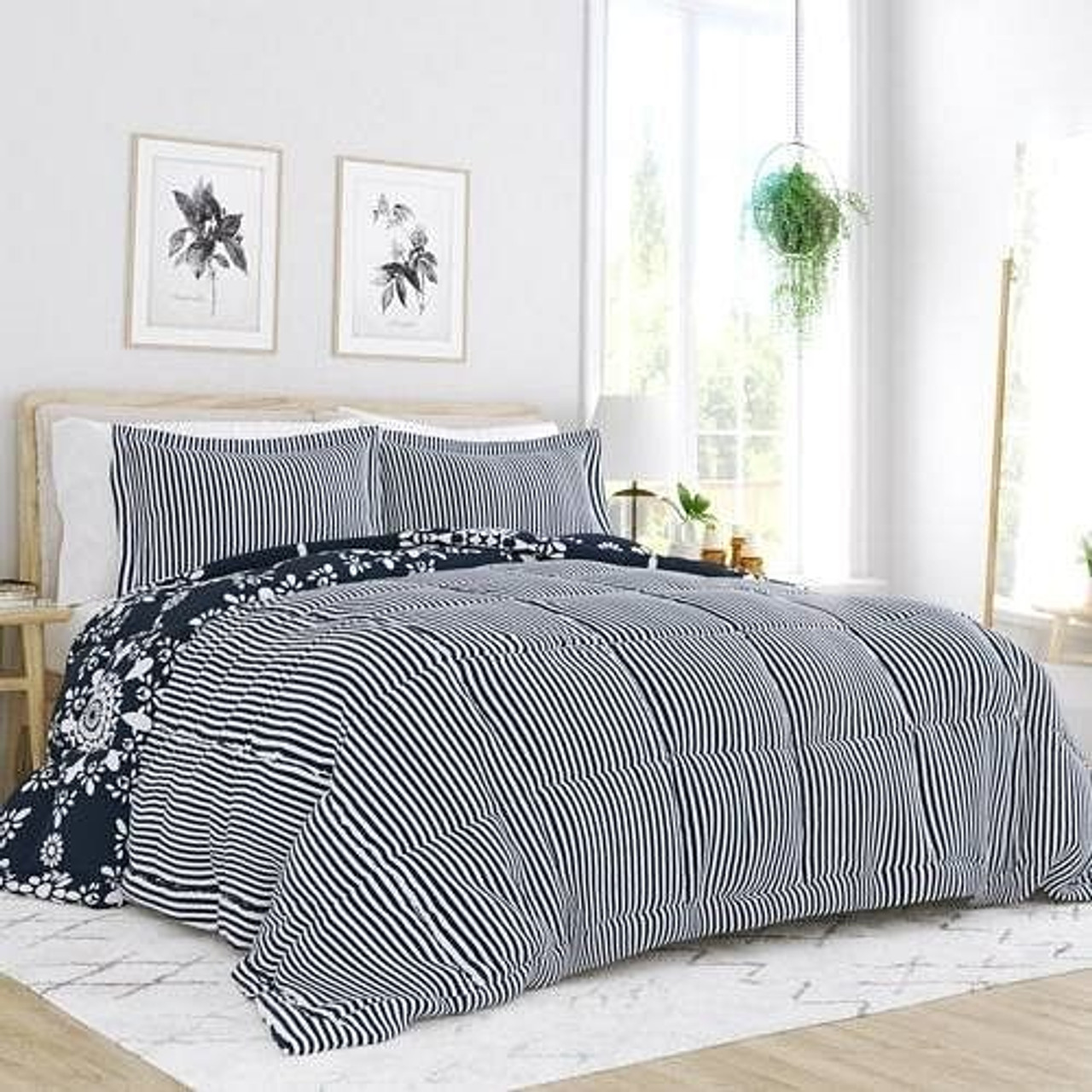 King size 3-Piece Navy Blue White Reversible Floral Striped Comforter Set