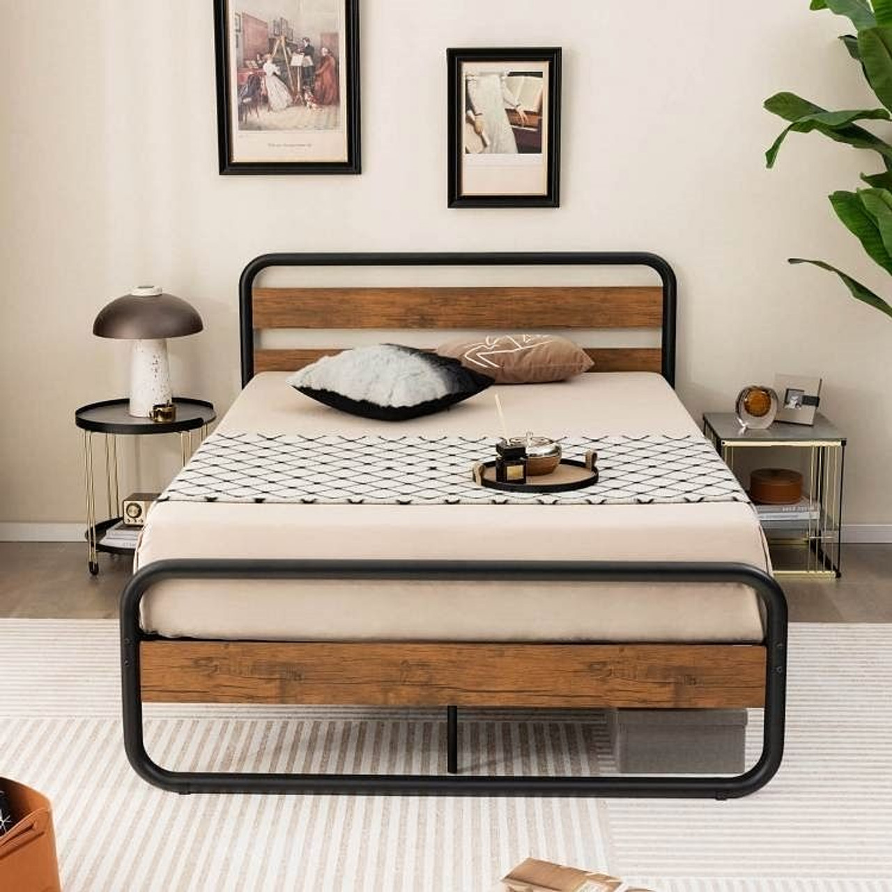 Full Industrial Wood and Metal Tube Platform Bed with Headboard and Footboard