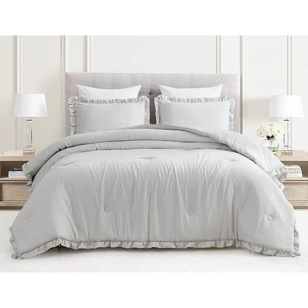 Queen Oversized Grey Ruffled Edge Microfiber Comforter Set