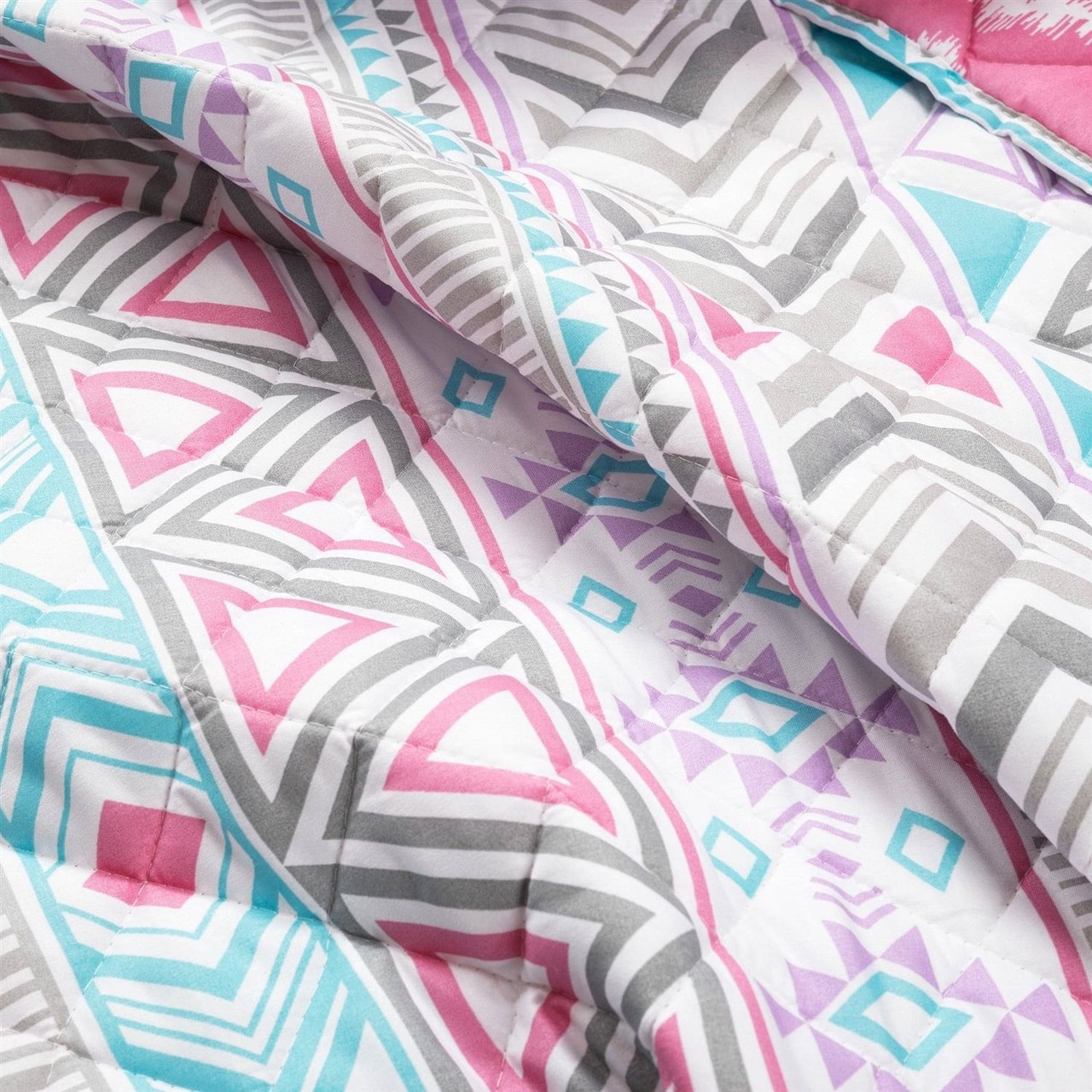 Full/Queen Southwest Style Polyester Pink Blue Striped Reversible Quilt Set