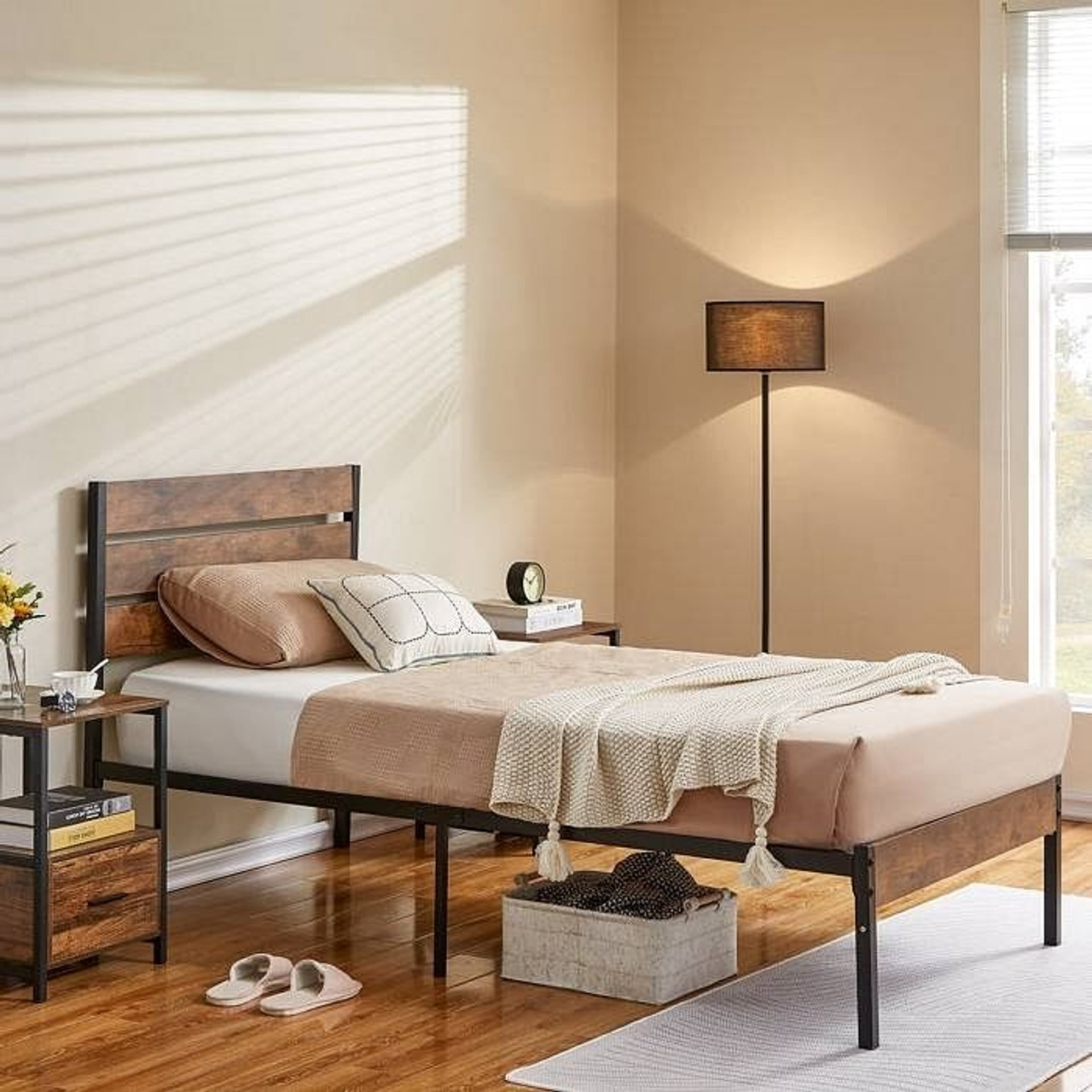 Twin Industrial Platform Bed Frame with Brown Wood Slatted Headboard Footboard