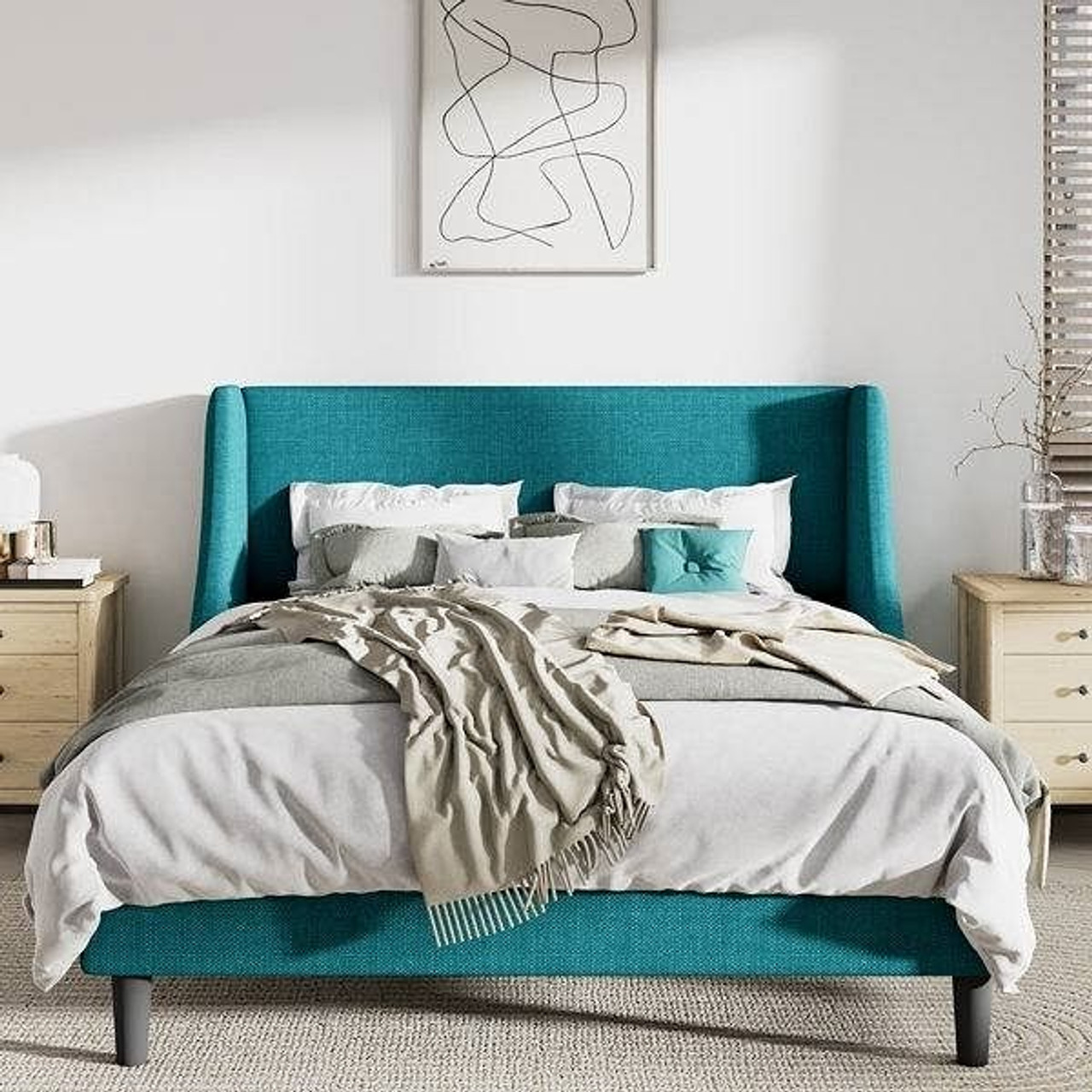 Queen Size Turquoise Linen Blend Upholstered Platform Bed with Wingback Headboard