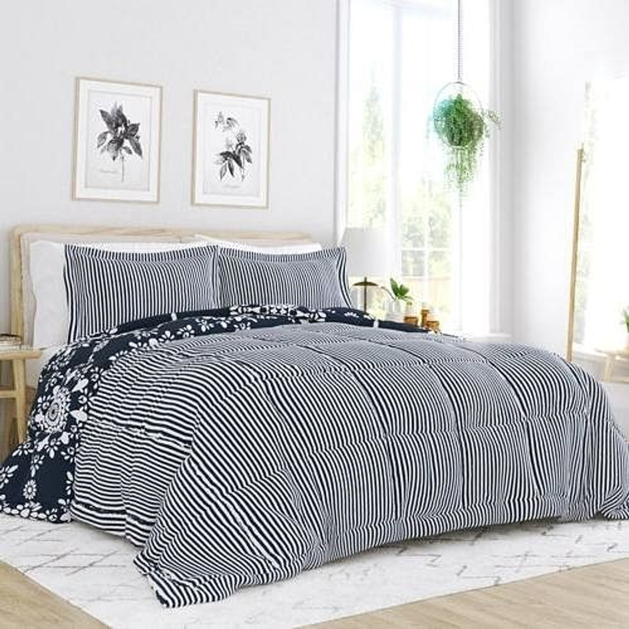Twin size 3-Piece Navy Blue White Reversible Floral Striped Comforter Set